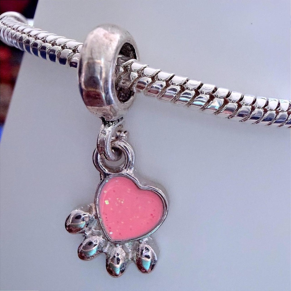 Pandora-like Bead Charm Snake Chain Bracelet Pink Heart Paw Print Dangle